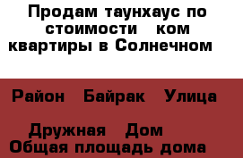 Продам таунхаус по стоимости 2-ком квартиры в Солнечном . › Район ­ Байрак › Улица ­ Дружная › Дом ­ 43 › Общая площадь дома ­ 120 › Площадь участка ­ 6 › Цена ­ 2 800 000 - Башкортостан респ., Стерлитамакский р-н, Стерлитамак г. Недвижимость » Дома, коттеджи, дачи продажа   